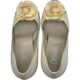 シャネル CHANEL カメリア装飾グリッターパンプス ベージュ レザー レディース パンプス