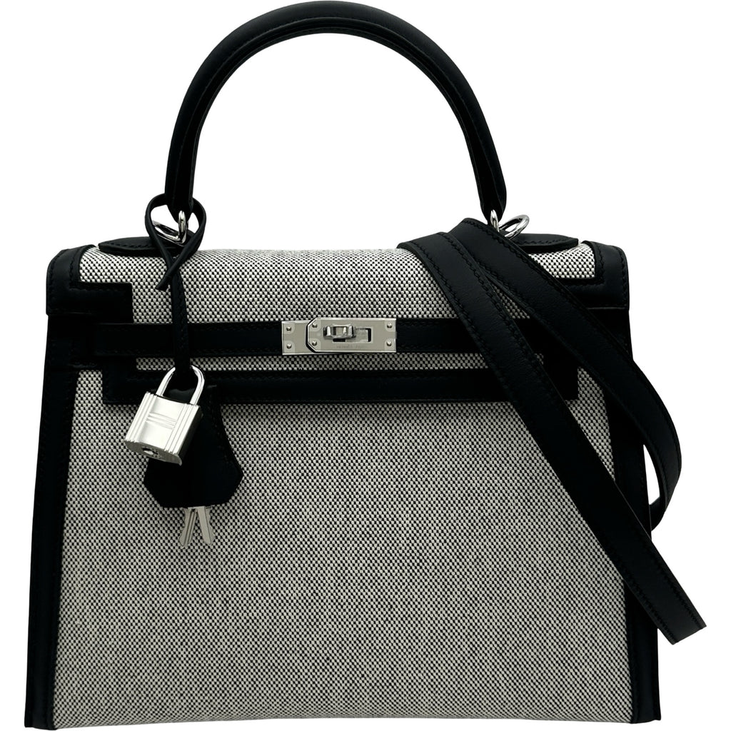 エルメス HERMES ケリー25 外縫い G刻 エクリュ/ブラック/シルバー金具 トワル/スイフト レディース ショルダーバッグ エルメス HERMES ケリー25 外縫い G刻 エクリュ/ブラック/シルバー金具