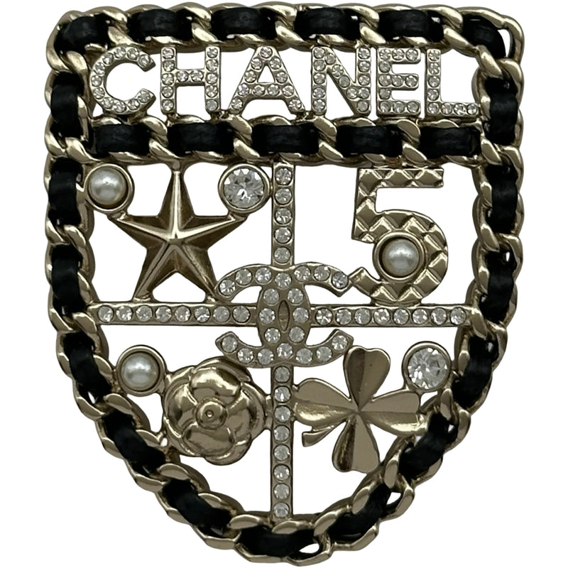 CHANEL パール　ラインストーン　ブラックブローチ シャネル CHANEL ロゴエンブレムモチーフブローチ ブラック/ゴールド