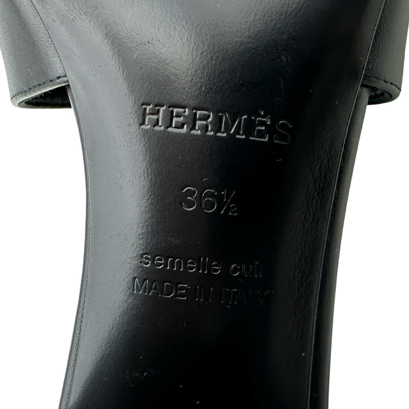 1977年製 美品 エルメス ヴィンテージ レディース ブラック レザー エルメス HERMES ジジケリー金具ヒールサンダル ブラック レザー