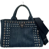プラダ PRADA カナパビジューハンドバッグ ブルー シルバー金具 デニム/スタッズ レディース ショルダーバッグ