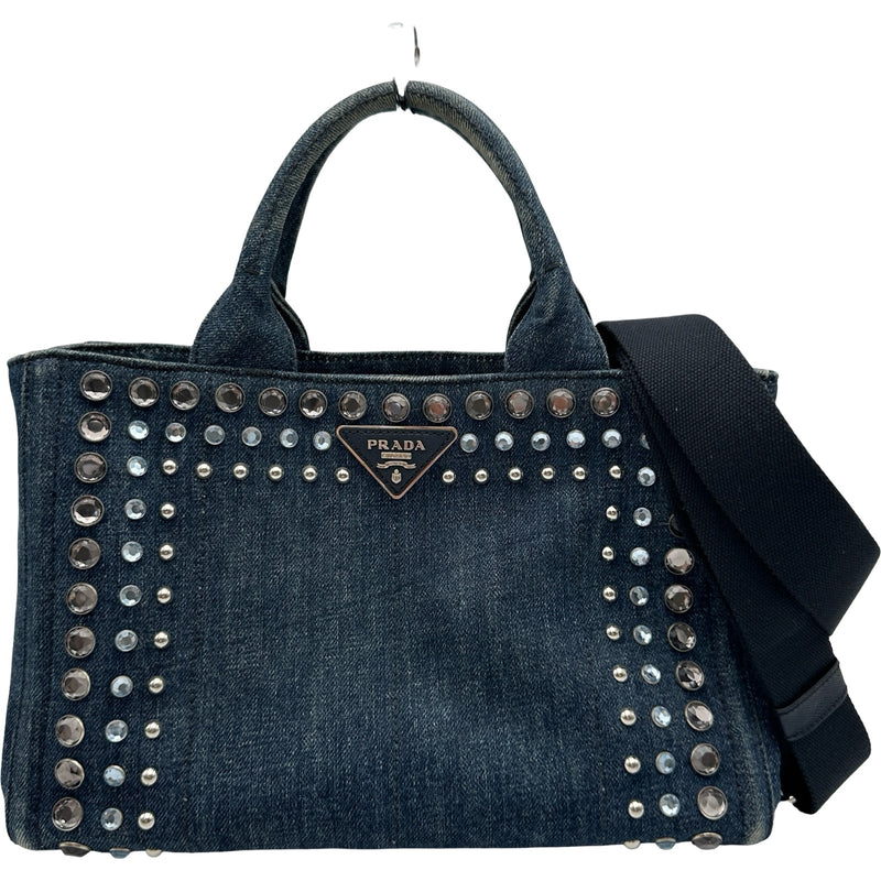 プラダ♡ビジュー♡ハンドバッグ プラダ PRADA カナパビジューハンドバッグ ブルー シルバー金具 デニム