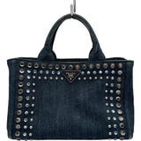 プラダ PRADA カナパビジューハンドバッグ ブルー シルバー金具 デニム/スタッズ レディース ショルダーバッグ