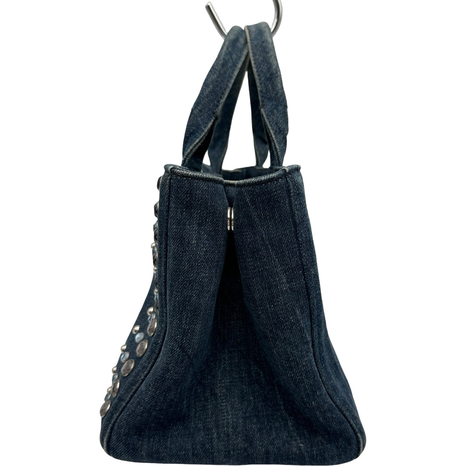 プラダ♡ビジュー♡ハンドバッグ プラダ PRADA カナパビジューハンドバッグ ブルー シルバー金具 デニム
