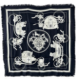 エルメス HERMES カレH80 フリンジ FRANGE HOMME EX LIBRIS ブラック/ホワイト シルク レディース スカーフ