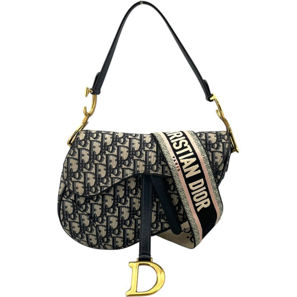 クリスチャン・ディオール Christian Dior オブリークサドルバッグ ネイビー GD金具 キャンバス レディース ショルダーバッグ