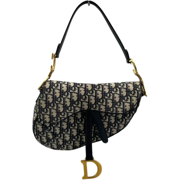 クリスチャン・ディオール Christian Dior オブリークサドルバッグ ネイビー GD金具 キャンバス レディース ショルダーバッグ