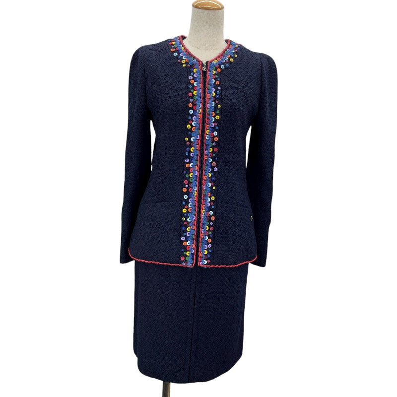 シャネル CHANEL 刺繍装飾ツイードセットアップ P09712V05945 ネイビー ツイード レディース セットアップ