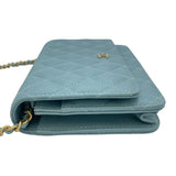 シャネル CHANEL マトラッセ チェーンウォレット A33814 25番台 ライトブルー SV金具 キャビアスキン レディース ウォレットチェーン