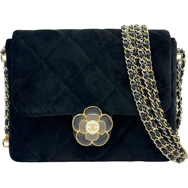 シャネル CHANEL カメリアフラップバッグ AS4413 ブラック/ゴールド金具 ベロア レディース ショルダーバッグ シャネル CHANEL カメリアフラップバッグ AS4413 ブラック/ゴールド