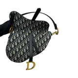 クリスチャン・ディオール Christian Dior オブリークサドルバッグ ネイビー ゴールド金具 キャンバス レディース ショルダーバッグ
