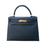 エルメス HERMES ケリー28 外縫い D刻（2019年製） ブルーインディゴ　ゴールド金具 エプソン レディース ハンドバッグ
