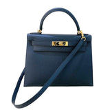 エルメス HERMES ケリー28 外縫い D刻（2019年製） ブルーインディゴ　ゴールド金具 エプソン レディース ハンドバッグ
