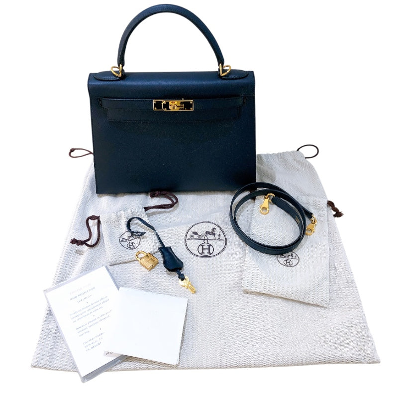 エルメス HERMES ケリー28 外縫い D刻（2019年製） ブルーインディゴ　ゴールド金具 エプソン レディース ハンドバッグ