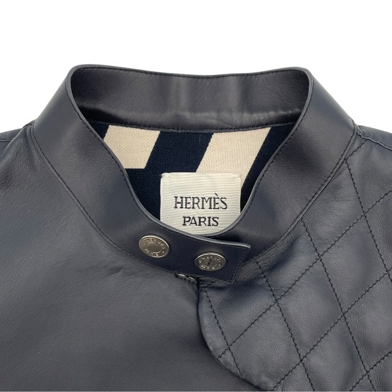 エルメス HERMES キルティング切替レザージャケット ネイビー 羊皮 レディース ライダースジャケット
