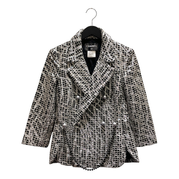 シャネル CHANEL パール装飾ラメツイードジャケット シルバー ツイード レディース テーラードジャケット