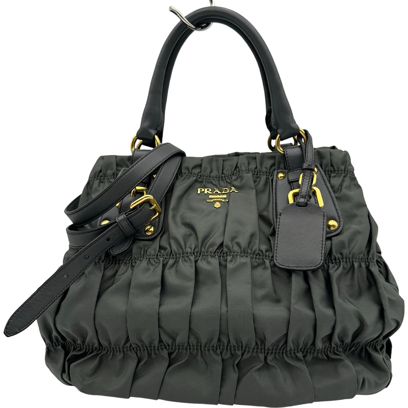 ✨美品✨プラダ ハンドバッグ 2way メタルロゴ リボン ギャザー ナイロン プラダ PRADA ギャザー2WAYハンドバッグ BN1792 グレー ゴールド金具