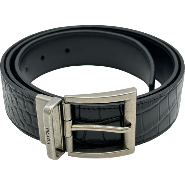 プラダ PRADA クロコダイルレザーベルト 36 2CC601 ブラック シルバー