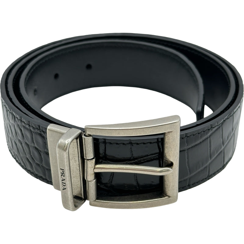 プラダ PRADA クロコダイルレザーベルト 36 2CC601 ブラック シルバー