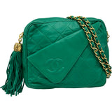 シャネル CHANEL フリンジ付 マトラッセチェーンショルダー 1番台 グリーン ゴールド金具 ラムレザー レディース ショルダーバッグ