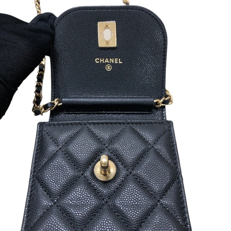 シャネル CHANEL マトラッセハンドフォンケース ブラック/ゴールド金具 キャビアスキン レディース その他小物