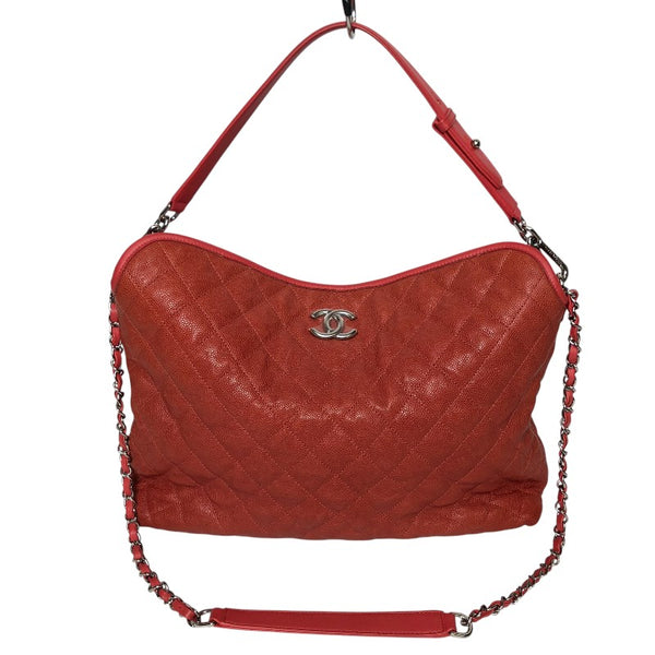 シャネル CHANEL マトラッセ ホーボーバッグ レッド シルバー金具 ソフトキャビアスキン レディース ショルダーバッグ