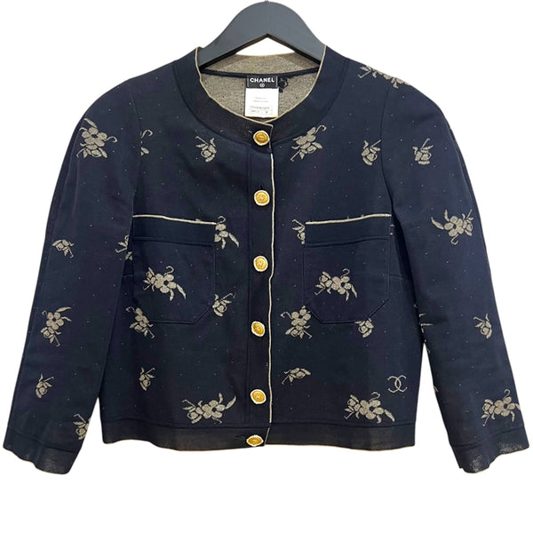 シャネル CHANEL 花柄 ノーカラーカーディガン P45369 ブラック×ゴールド 38 コットン/ナイロン/ポリエステル レディース カーディガン