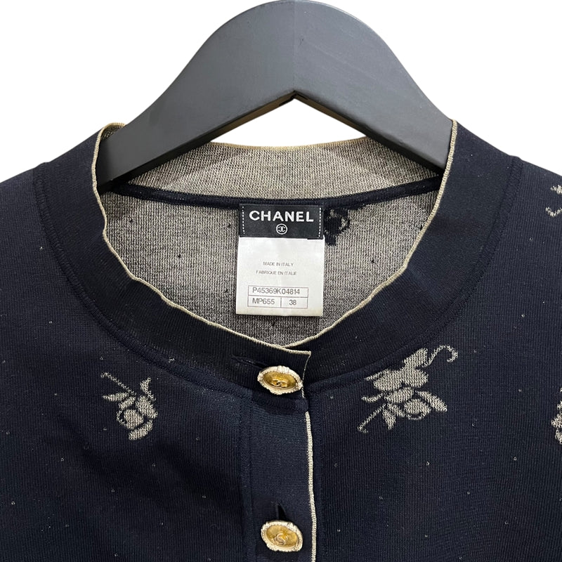 シャネル CHANEL 花柄 ノーカラーカーディガン P45369 ブラック×ゴールド 38 コットン/ナイロン/ポリエステル レディース カーディガン