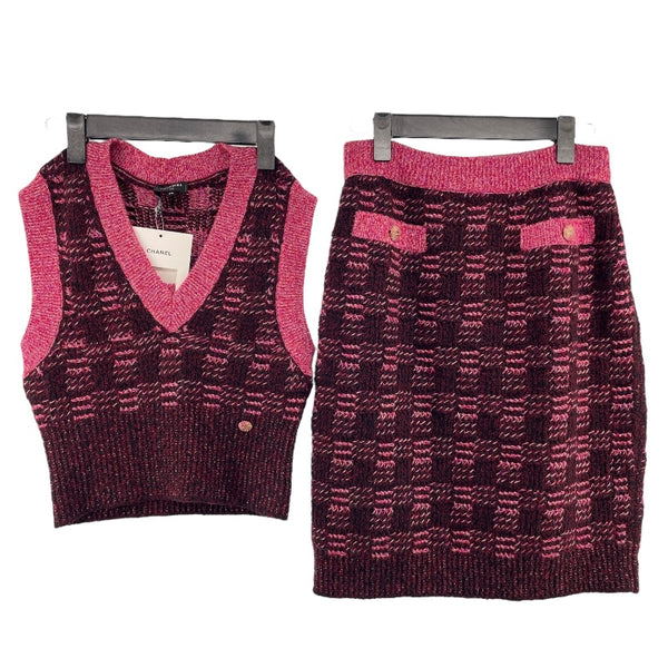 シャネル CHANEL カシミヤウールニットベスト＆スカートセットアップ P73852/P73890 ピンク ウール レディース セットアップ