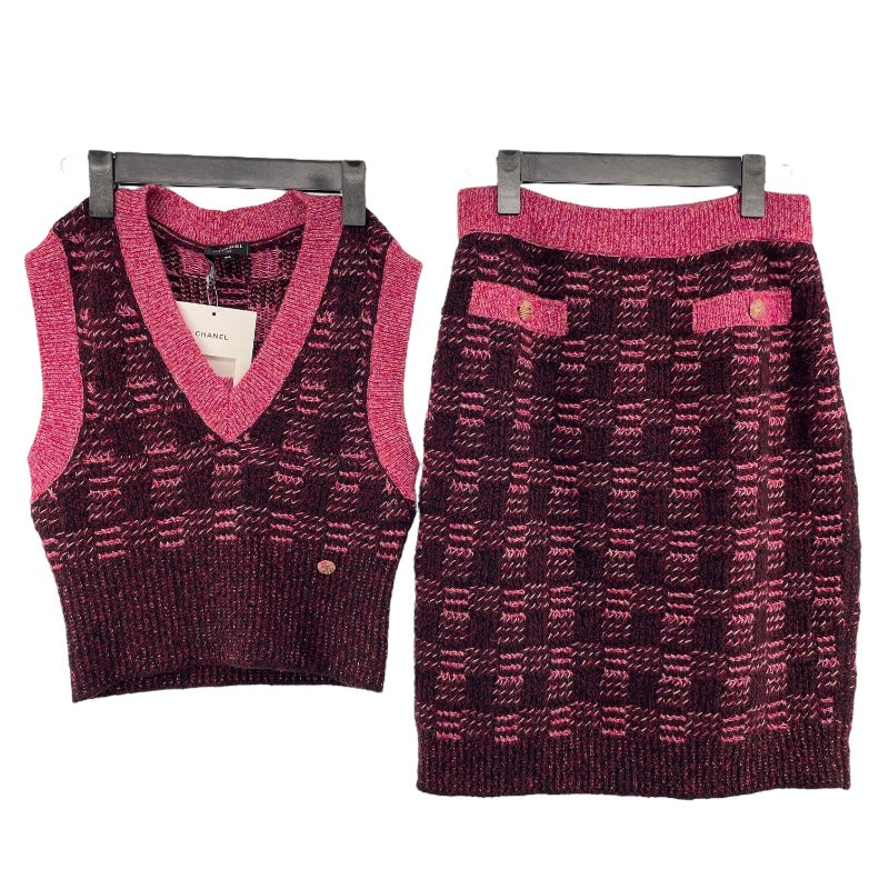 シャネル CHANEL カシミヤウールニットベスト＆スカートセットアップ P73852/P73890 ピンク ウール レディース セットアップ