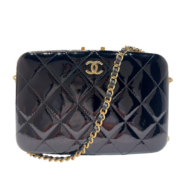 シャネル CHANEL マトラッセ　ガマ口チェーンショルダー ブラック　ゴールド金具 エナメル レディース ショルダーバッグ