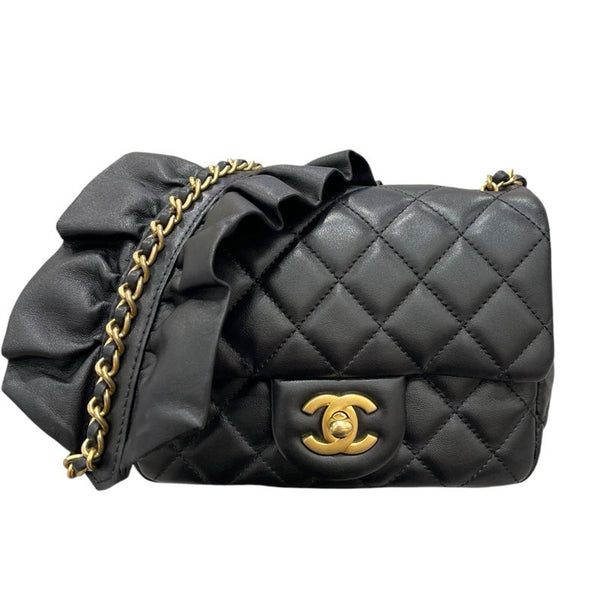 シャネル CHANEL マトラッセフリルチェーンショルダー ブラック ゴールド金具 ラムスキン レディース ショルダーバッグ