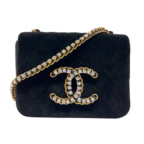 シャネル CHANEL ココマークミニマトラッセ　チェーンショルダーバッグ ブラック　ゴールド金具 ベロア　ラインストーン レディース ショルダーバッグ