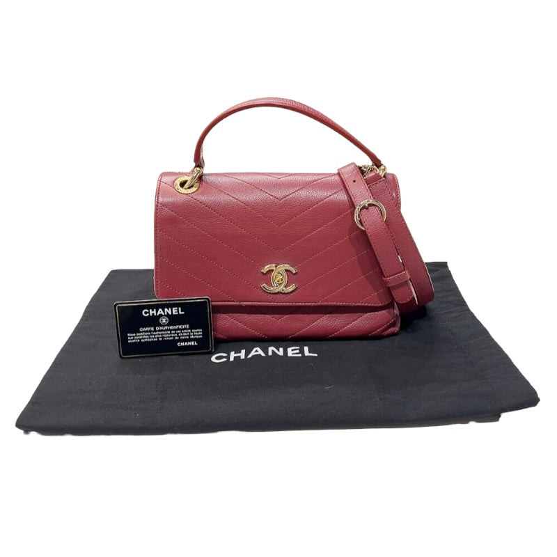 シャネル CHANEL Vステッチ トップハンドル フラップバッグ A57147 ボルドー　ゴールド金具 カーフスキン レディース ハンドバッグ