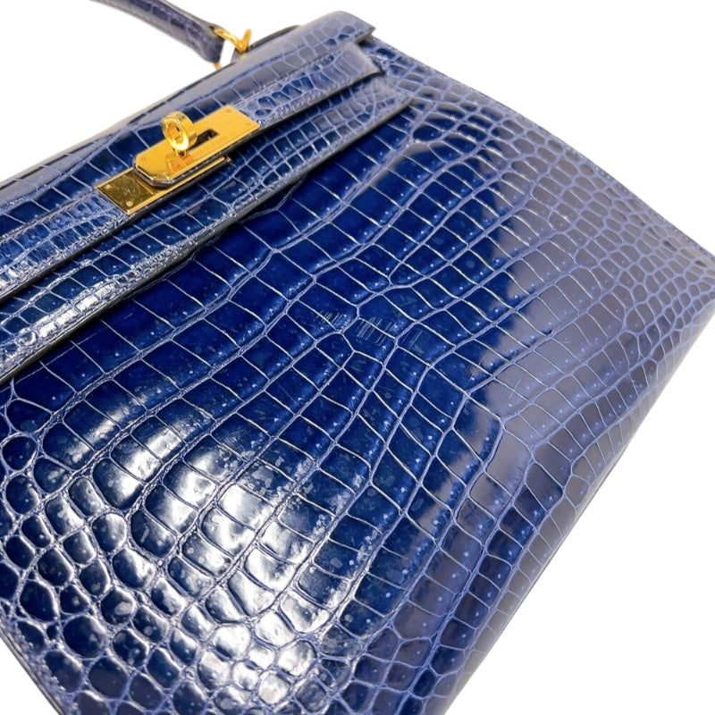 エルメス HERMES ケリー28　外縫い　 □K刻印　(2007年製) ブルーロイ　ゴールド金具 クロコポロサス　リセ レディース ショルダーバッグ