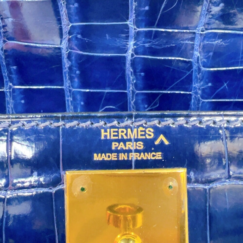 エルメス HERMES ケリー28　外縫い　 □K刻印　(2007年製) ブルーロイ　ゴールド金具 クロコポロサス　リセ レディース ショルダーバッグ