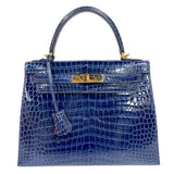 エルメス HERMES ケリー28　外縫い　 □K刻印　(2007年製) ブルーロイ　ゴールド金具 クロコポロサス　リセ レディース ショルダーバッグ