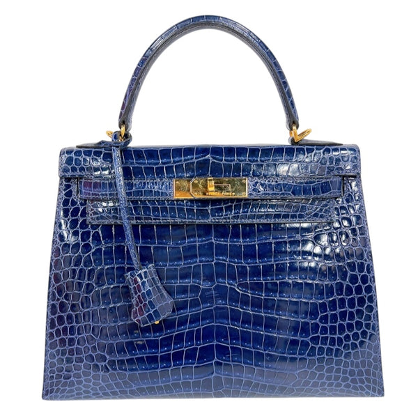 エルメス HERMES ケリー28　外縫い　 □K刻印　(2007年製) ブルーロイ　ゴールド金具 クロコポロサス　リセ レディース ショルダーバッグ
