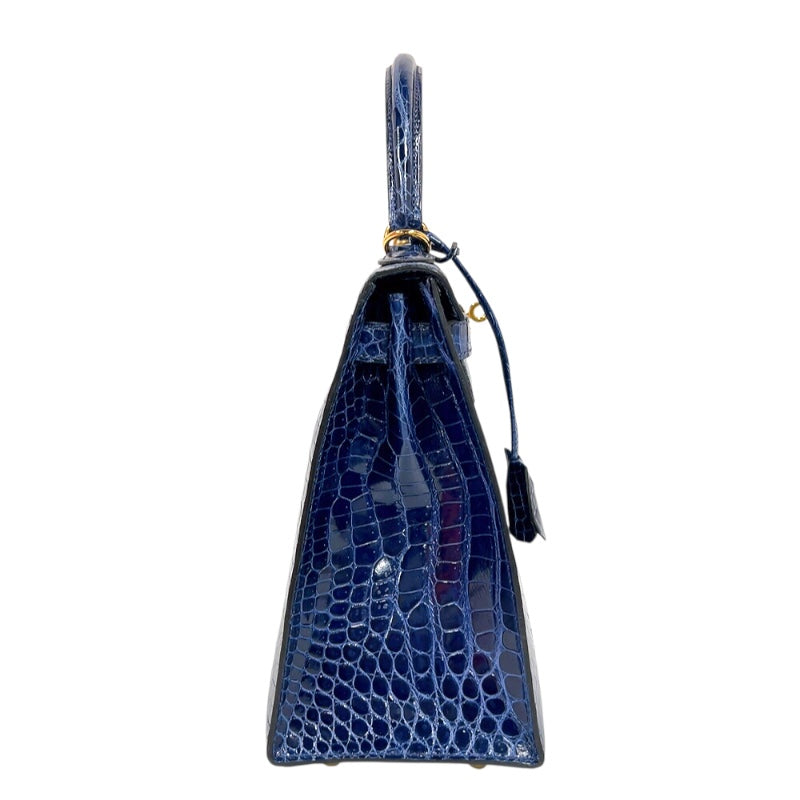 エルメス HERMES ケリー28　外縫い　 □K刻印　(2007年製) ブルーロイ　ゴールド金具 クロコポロサス　リセ レディース ショルダーバッグ