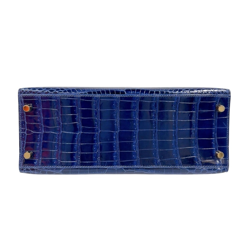 エルメス HERMES ケリー28　外縫い　 □K刻印　(2007年製) ブルーロイ　ゴールド金具 クロコポロサス　リセ レディース ショルダーバッグ
