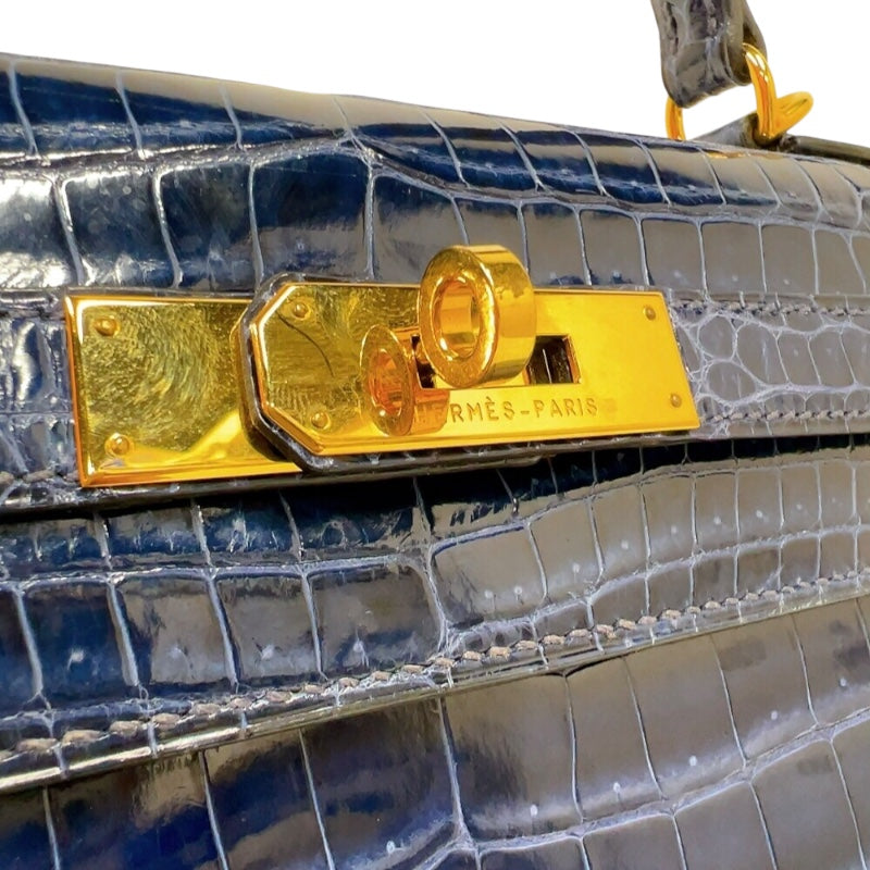 エルメス HERMES ケリー28　外縫い　 □K刻印　(2007年製) ブルーロイ　ゴールド金具 クロコポロサス　リセ レディース ショルダーバッグ