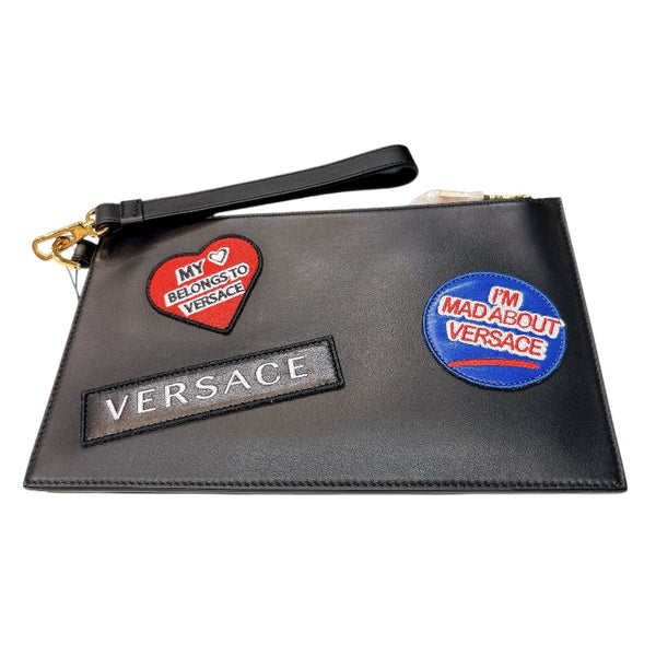 ヴェルサーチ VERSACE ワッペンクラッチバッグ ブラック　ゴールド金具 レザー レディース クラッチバッグ