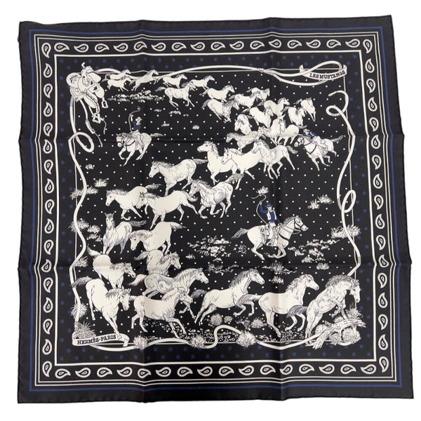 エルメス HERMES カレ55　野生馬　Les Mustangs Bandana ノワール/ブラン/マリン シルク レディース スカーフ