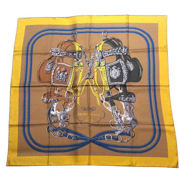 エルメス HERMES カレ90 ダブルフェイス ブラウン・イエロー シルク レディース スカーフ