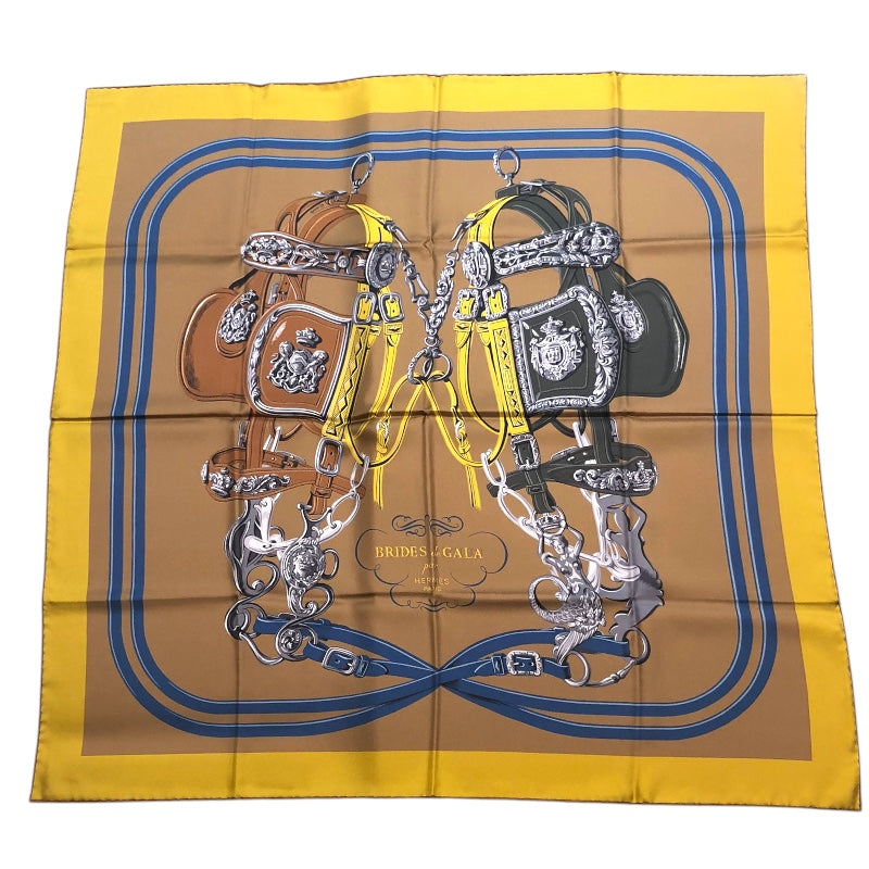 エルメス HERMES カレ90 ダブルフェイス ブラウン・イエロー シルク レディース スカーフ
