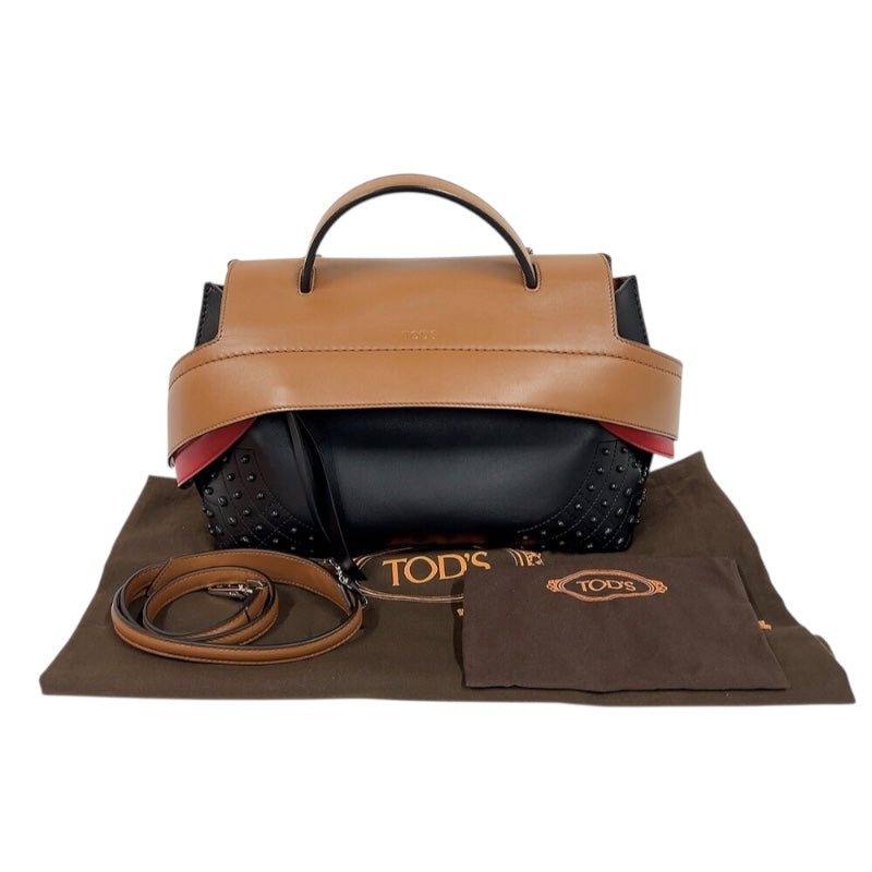 トッズ TOD’S ウェーブバッグ ブラウン/ブラック/レッド　シルバー金具 レザー レディース ハンドバッグ