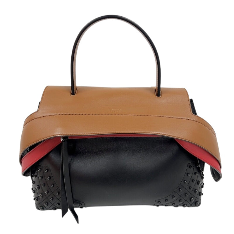 トッズ TOD’S ウェーブバッグ ブラウン/ブラック/レッド　シルバー金具 レザー レディース ハンドバッグ