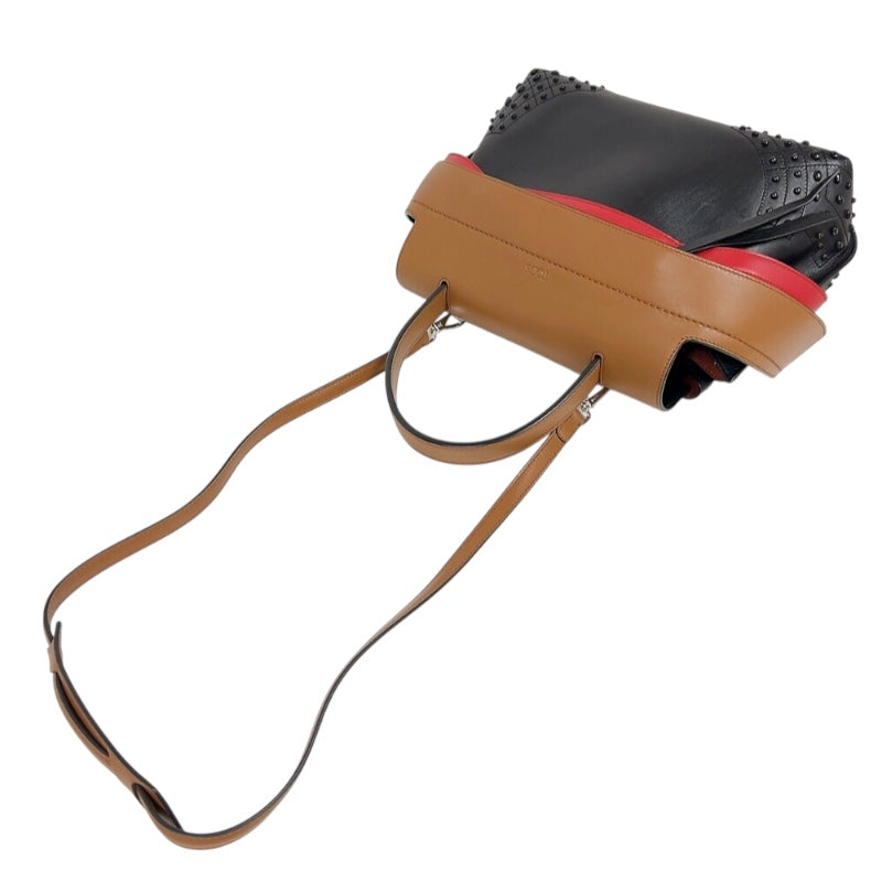 トッズ TOD’S ウェーブバッグ ブラウン/ブラック/レッド　シルバー金具 レザー レディース ハンドバッグ