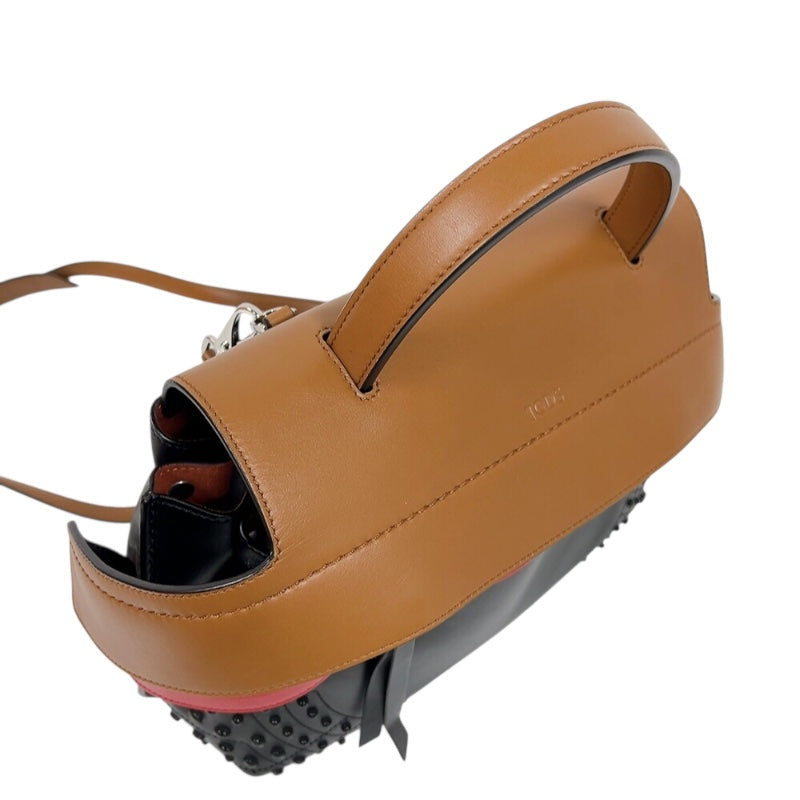 トッズ TOD’S ウェーブバッグ ブラウン/ブラック/レッド　シルバー金具 レザー レディース ハンドバッグ