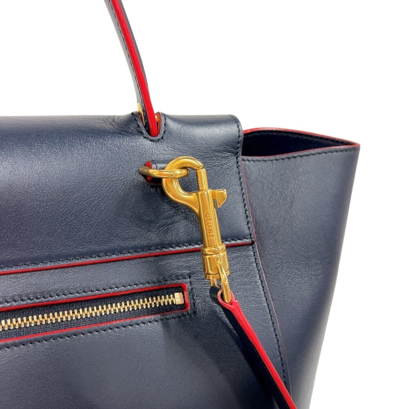 セリーヌ CELINE ベルトバッグナノ ネイビー/レッド　ゴールド金具 ドラムドカーフ レディース ハンドバッグ